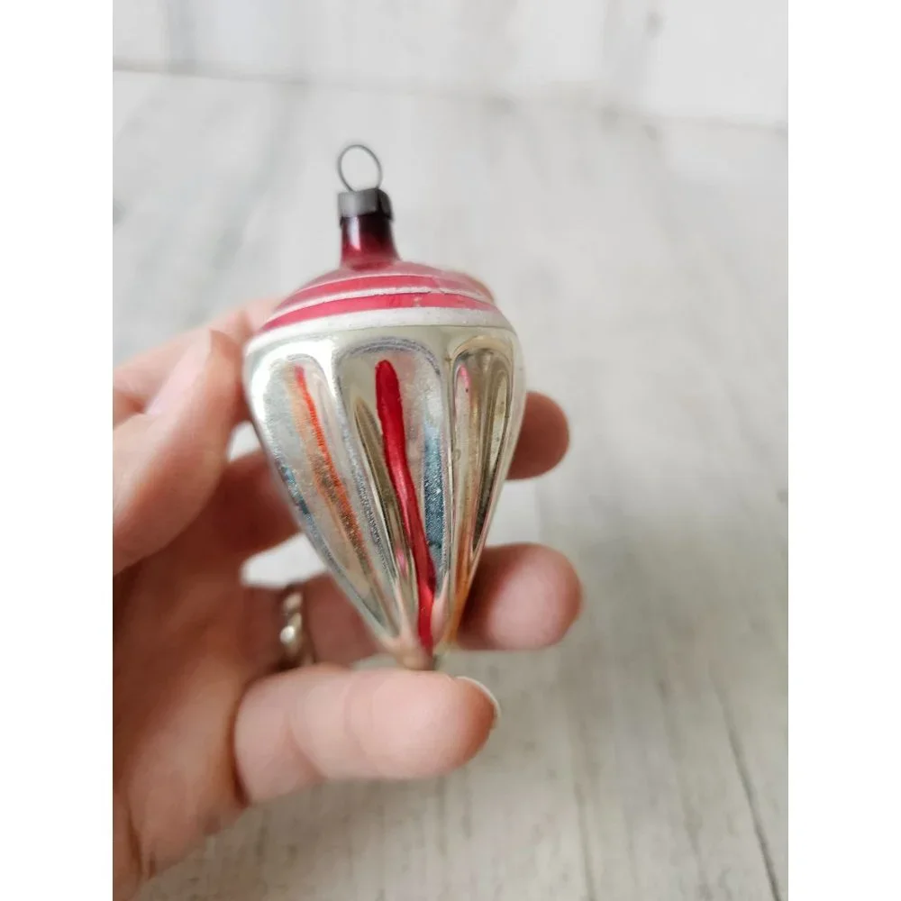 Antique torpedo topper‎ red striped glass ornament silver Xmas tree